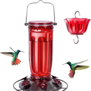 Red glass hummingbird feeder