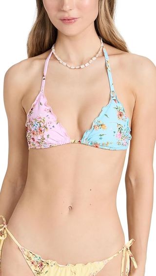 Pq Swim Women's Embroidered Lettuce Edge Triangle Bikini Top, Dolce, Floral, M