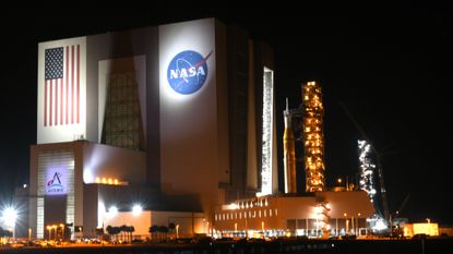 The Artemis II mission rocket stands outside the Vehicle Assembly Building at the Kennedy Space Center on February 25, 2026 in Cape Canaveral, Florida.