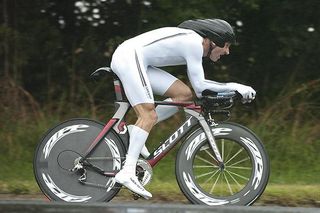 South Australian Luke Roberts wearing an all white aero suit heads into Learmonth and the finish to his race against the clock.