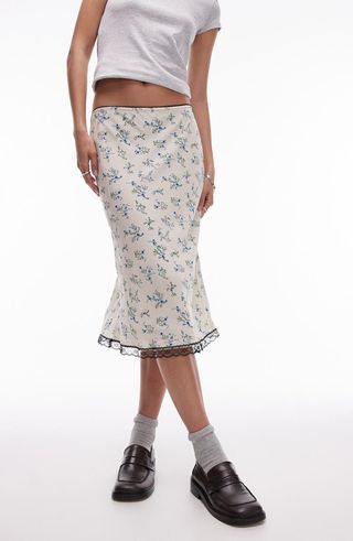 Floral Satin Midi Slip Skirt