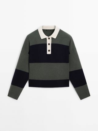 Knit Sweater With Polo Collar and Stripes