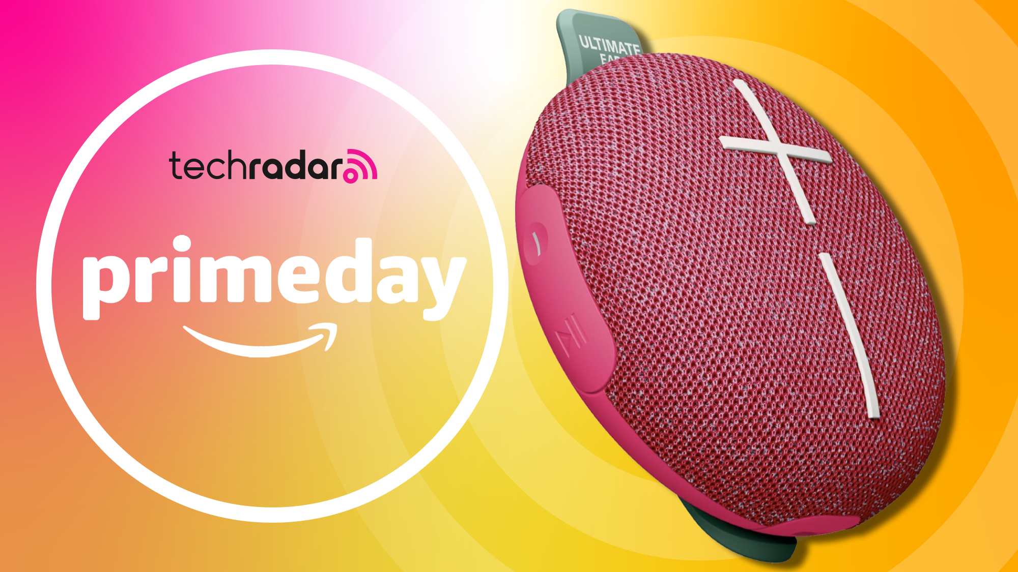 Ultimate Ears Miniroll on TR's pink and yellow Prime Day background