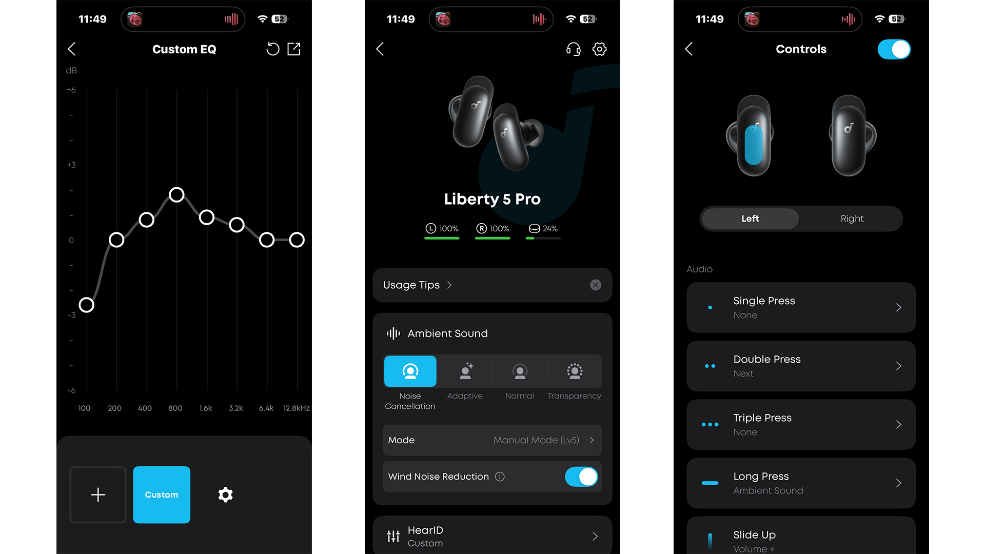 Soundcore Liberty 5 Pro in-ear headphones app on three smartphone screens
