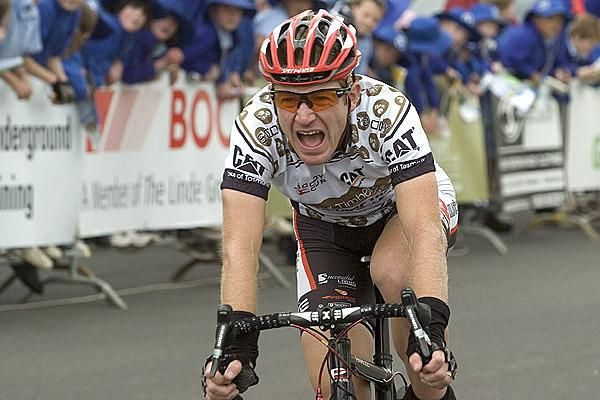 American Phil Zajicek (Fly V Australia) grimaces at the finish to stage five after losing his Tall Timbers King of the Mountains jersey during the stage.