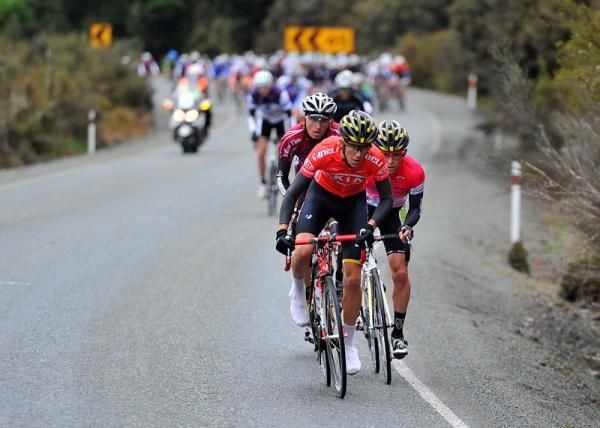 George Bennett of Kia Motors leads the peloton over the Blackmount Hill