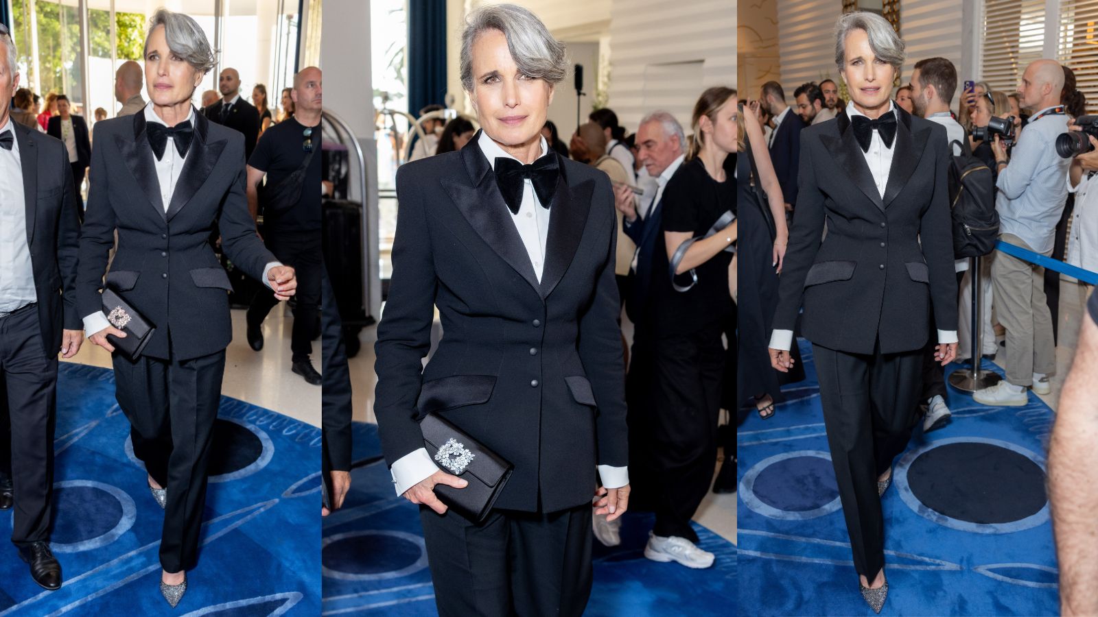 Andie MacDowell snapped at Cannes in a black tuxedo, a trio of shots