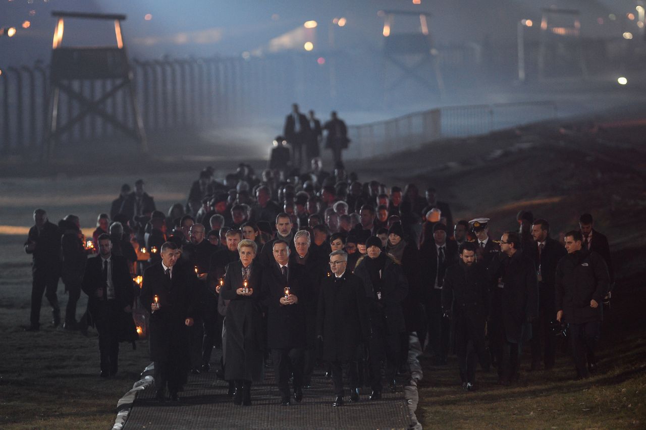 Leaders and survivors at Auschwitz