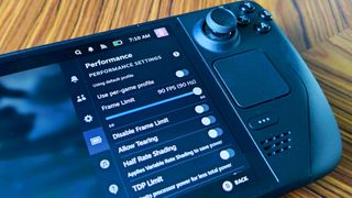 Closeup of SteamOS settings sidebar with performance menu in view