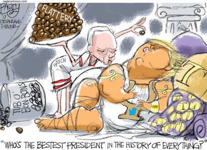 Political cartoon U.S. Trump flattery Orrin Hatch