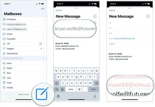 Launch Mail app, tap the compose button, tap the From field, then change account to use at bottom of the screen