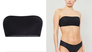 A composite image of a Chantelle black strapless bra on a white background and a model wearing the same bandeau style strapless bra in black