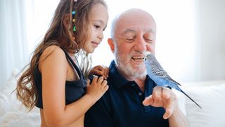 Granddaughter looking over shoulder of grandfather who is holding a budgie on his fingers