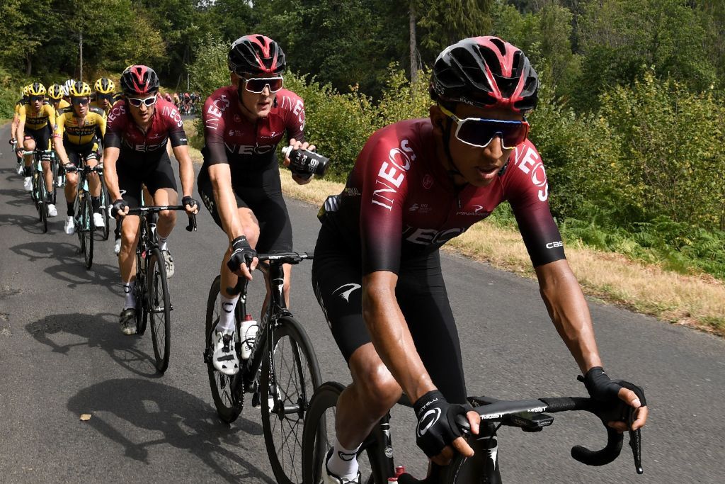 FRom R Team Ineos rider Colombias Egan Bernal Team Ineos rider Russias Pavel Sivakov and Team Ineos rider Great Britains Geraint Thomas ride during the first stage of the 72nd edition of the Criterium du Dauphine cycling race 2185 km between ClermontFerrand and SaintChristoenJarez on August 12 2020 Photo by AnneChristine POUJOULAT AFP Photo by ANNECHRISTINE POUJOULATAFP via Getty Images