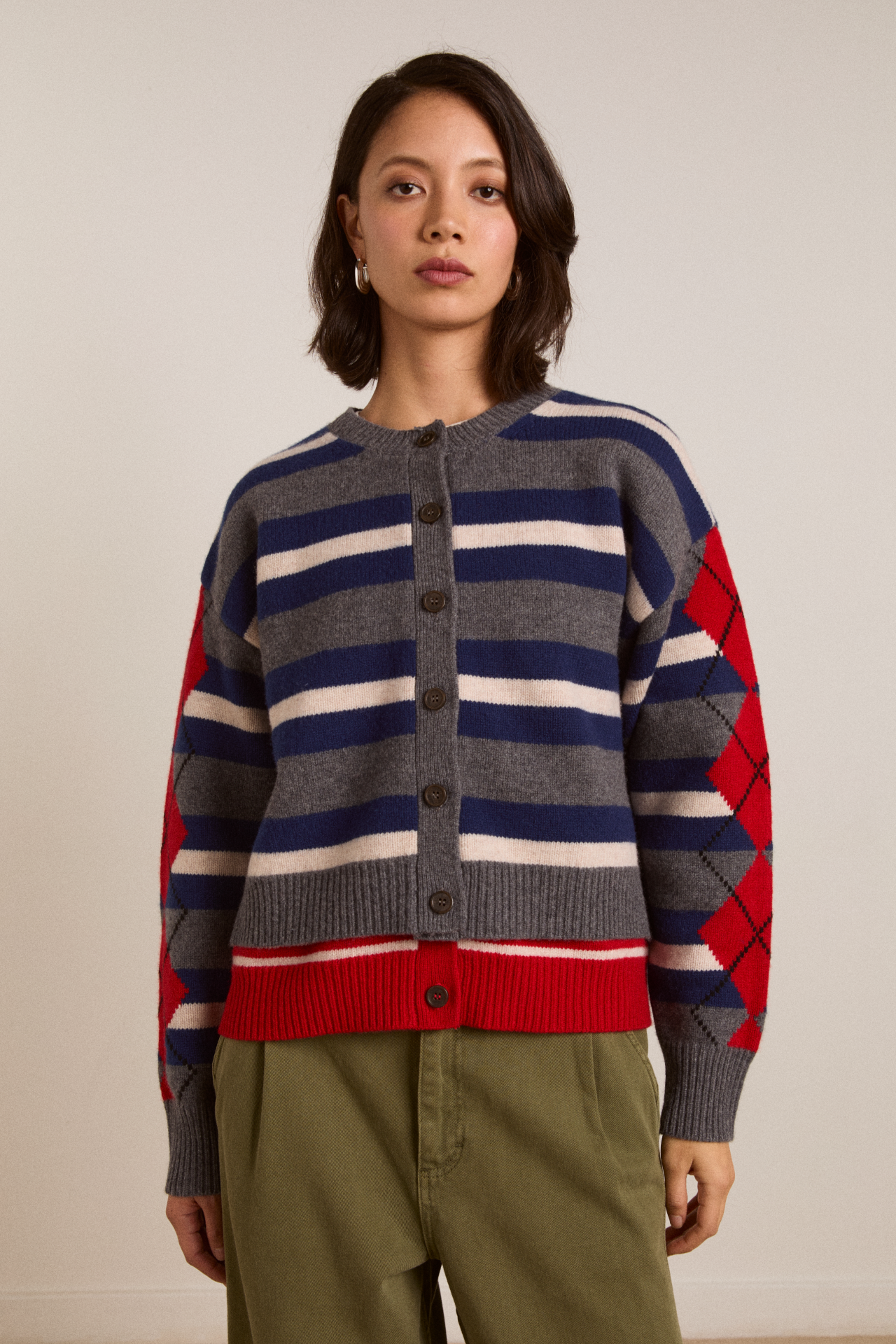 Didi Merino Wool Double Cardigan - Navy Argyle &amp;amp; Stripe