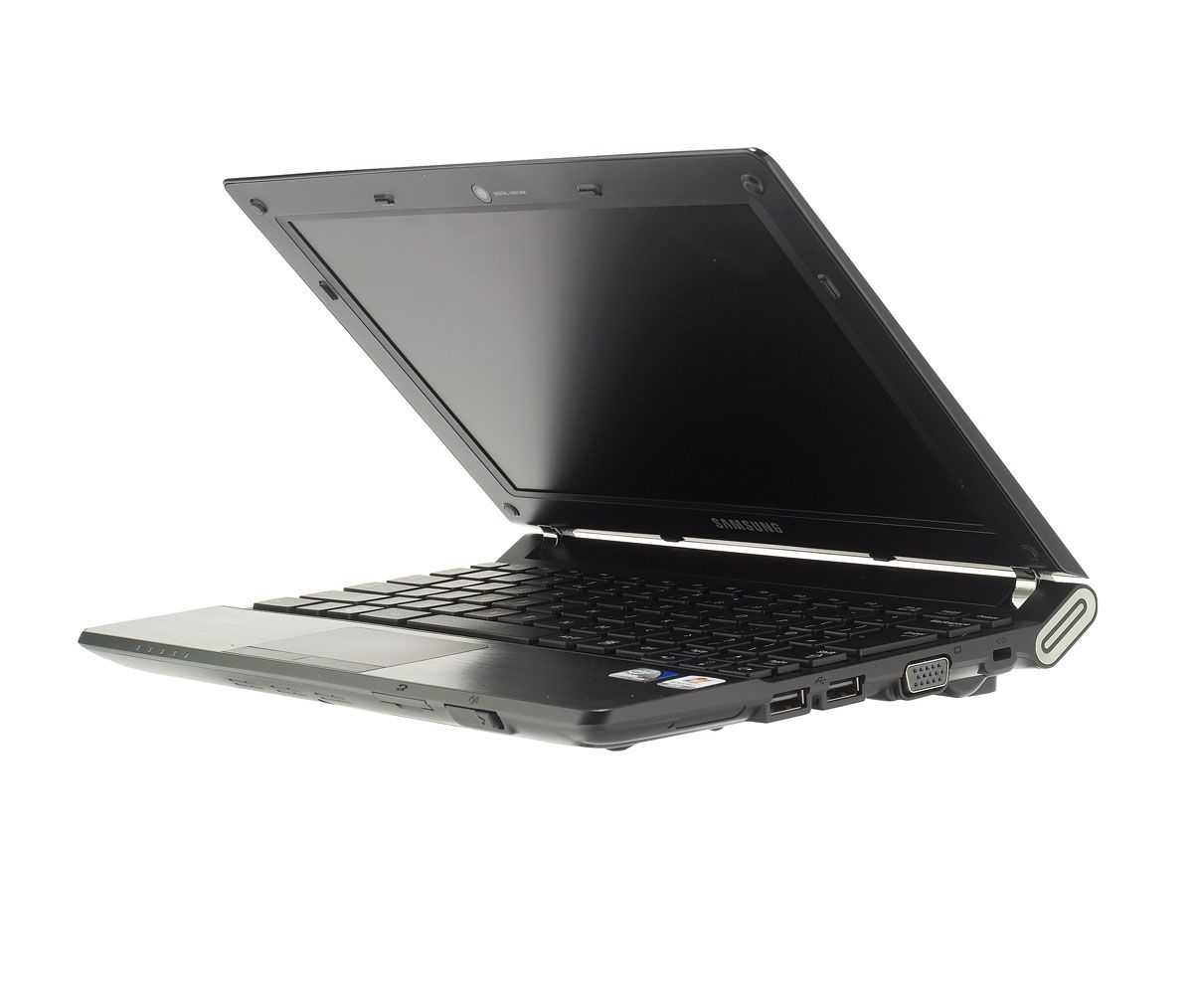 A view of the unusual-looking chrome hinge on the Samsung N230
