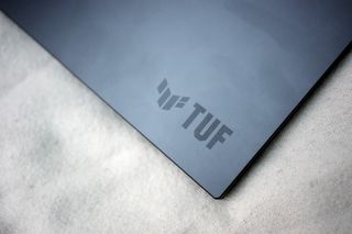 An Asus TUF Gaming A16 2025 on a white background, fit with an RTX 5050.