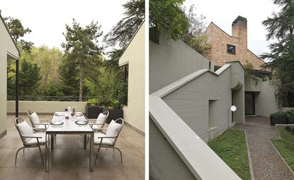 Outside tiled area with decorated table and chairs next to paved outside area leading to front door