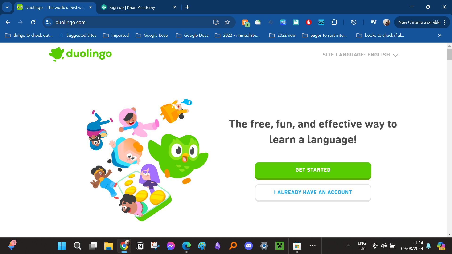 A screenshot of the Duolingo home page in the Chrome browser