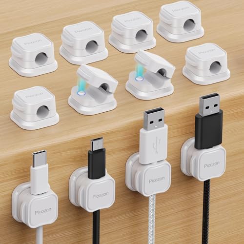 12 Pack Magnetic Cable Clip Organizer Cord Holder, Picozon Adhesive Cable Management, Wire Phone Usb Charger Cable Holder, Keeper Organizer for Office Home Desktop Table - White