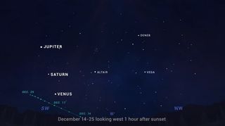 This NASA sky map shows the location of Comet Leonard in the night sky from Dec. 14 to Dec. 25 in 2021.