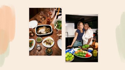 collage image of a dining table with Habitat&#039;s Chicken brick with a cooked chicken on a table next to an image of Andi and Miquita Oliver 