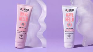 Noughty Wave Hello vegan shampoo and conditioner bottles, on a purple background.