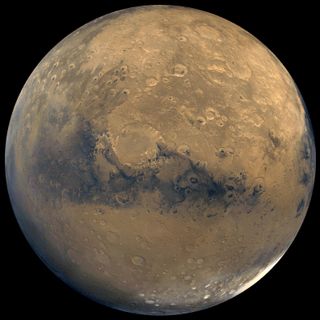 This global view of Mars is composed of about 100 Viking Orbiter images. 