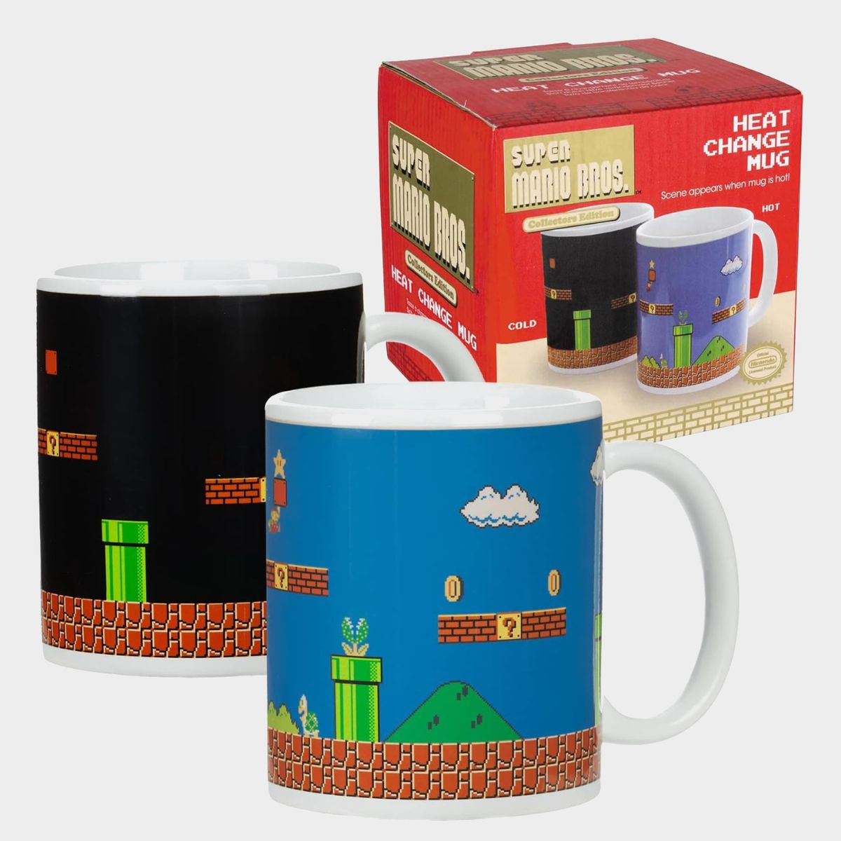 Super Mario Heat-Changing Mug and box on a plain background
