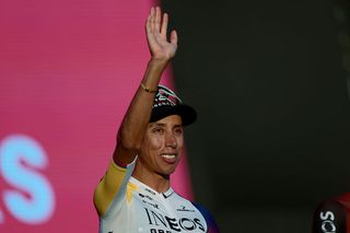IEgan Bernal waves on stage during the opening ceremony and team presentation in Tirana, on May 7, 2025, two days before the departure of the Giro d'Italia 2025