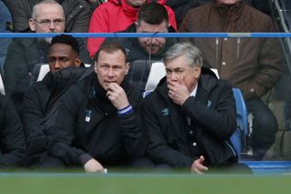 LONDON, ENGLAND - MARCH 08: Duncan Ferguson and Carlo Ancelotti of Everton during the Premier League match between Chelsea FC and Everton FC at Stamford Bridge on March 08, 2020 in London, United Kingdom. (Photo by Robin Jones/Getty Images)