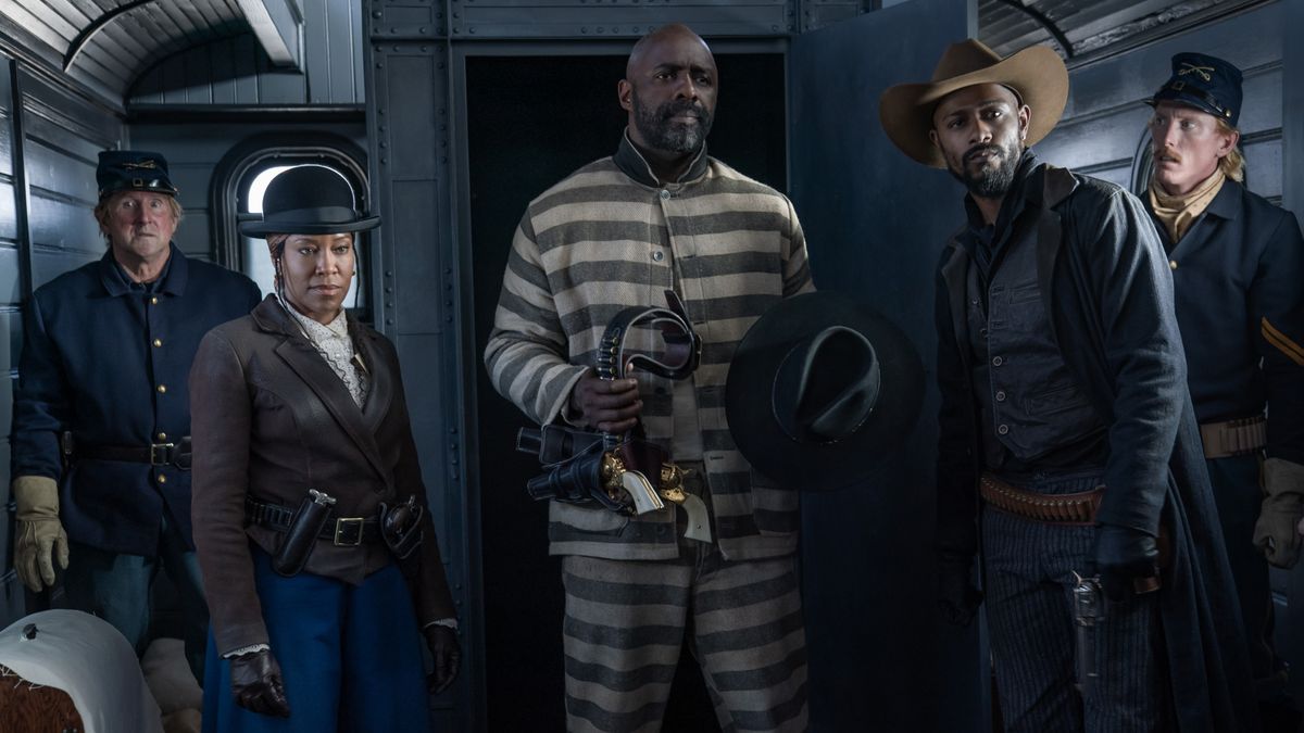 Regina King as Trudy Smith, Idris Elba as Rufus Buck, and LaKeith Stanfield as Cherokee Bill in &quot;The Harder They Fall&quot; on Netflix.