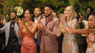 Greta Onieogou as Layla Keating, Michael Evans Behling as Jordan Baker, Monet Mazur as Laura Baker and Chelsea Tavares as Patience celebrating at a wedding in the All American season 6 finale