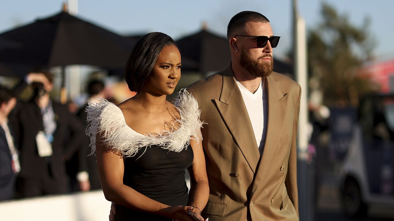 Travis Kelce and his then-girlfriend, Kayla Nicole, arriving at the NFL Honors show at the YouTube Theater on February 10, 2022 in Inglewood, California