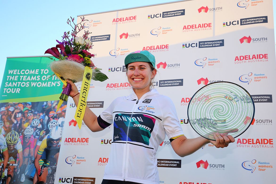Alexis Ryan in the white jersey as winner of the young rider classification