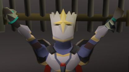 Old School RuneScape Justiciar armor with arms raised in celebration