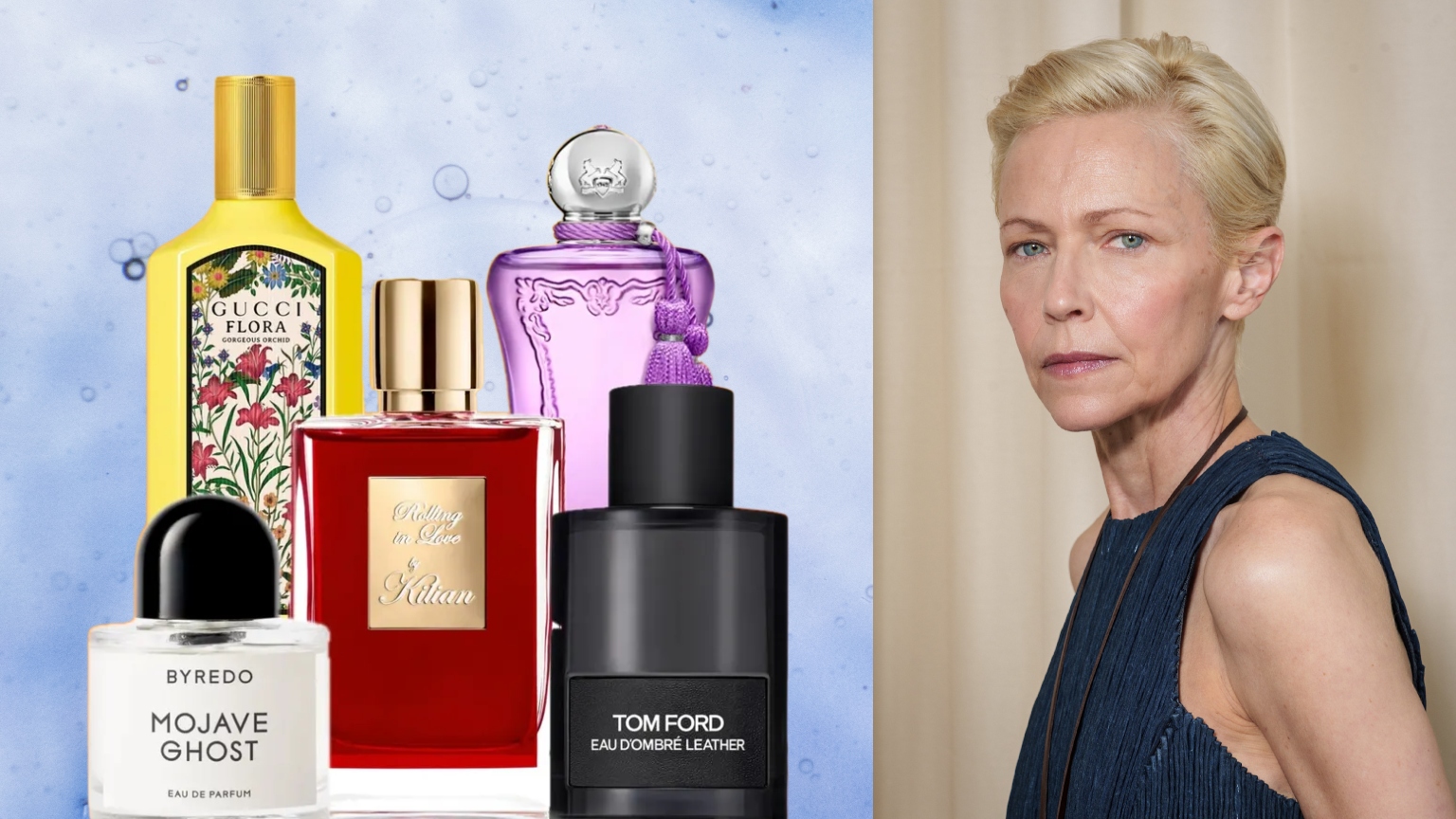 an older woman with blonde hair in a pixie cut next to a blue background with five bottles of luxury perfume