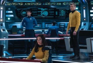 Anson Mount, Rebecca Romijn and Ethan Peck in "Star Trek: Strange New Worlds."