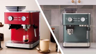 KitchenAid Semi Automatic Espresso Machine in Candy Apple red and Juniper green