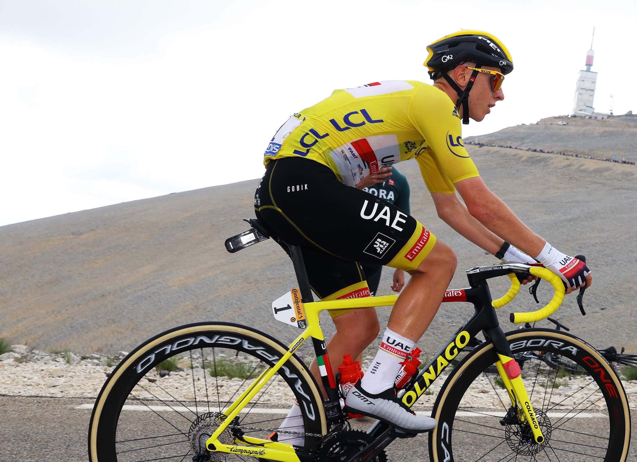 MALAUCENE, FRANCE - JULY 07: Tadej Pogačar of Slovenia and UAE-Team Emirates yellow leader jersey during the 108th Tour de France 2021, Stage 11 a 198,9km km stage from Sorgues to Malaucène / Mont Ventoux (1910m) / Public / Fans / Landscape / @LeTour / #TDF2021 / on July 07, 2021 in Malaucene, France. (Photo by Tim de Waele/Getty Images)