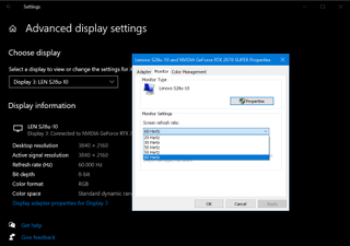 The current Windows monitor refresh rate menu