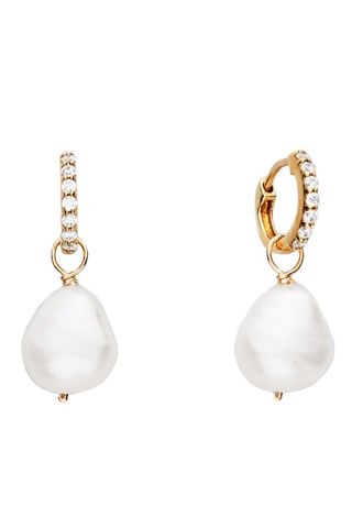 Small Gold Huggie Pearl Drop Earrings