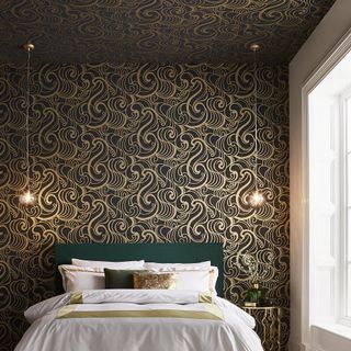 bedroom with ceiling wallpaper