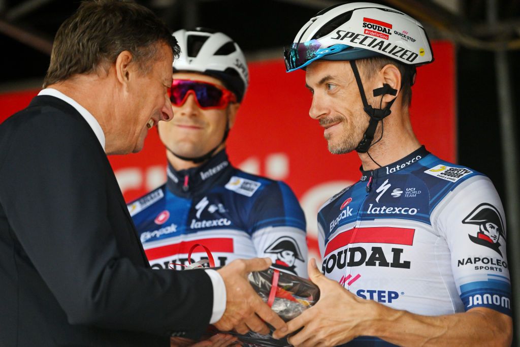 TOURNAI BELGIUM SEPTEMBER 28 Dries Devenyns of Belgium and Team Soudal QuickStep prior to the 82nd Circuit FrancoBelge 2023 a 1906km one day race from Tournai to MontdelEnclus on September 28 2023 in Tournai Belgium Photo by Luc ClaessenGetty Images