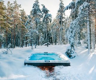 Hot tub in snow surrounded by trees