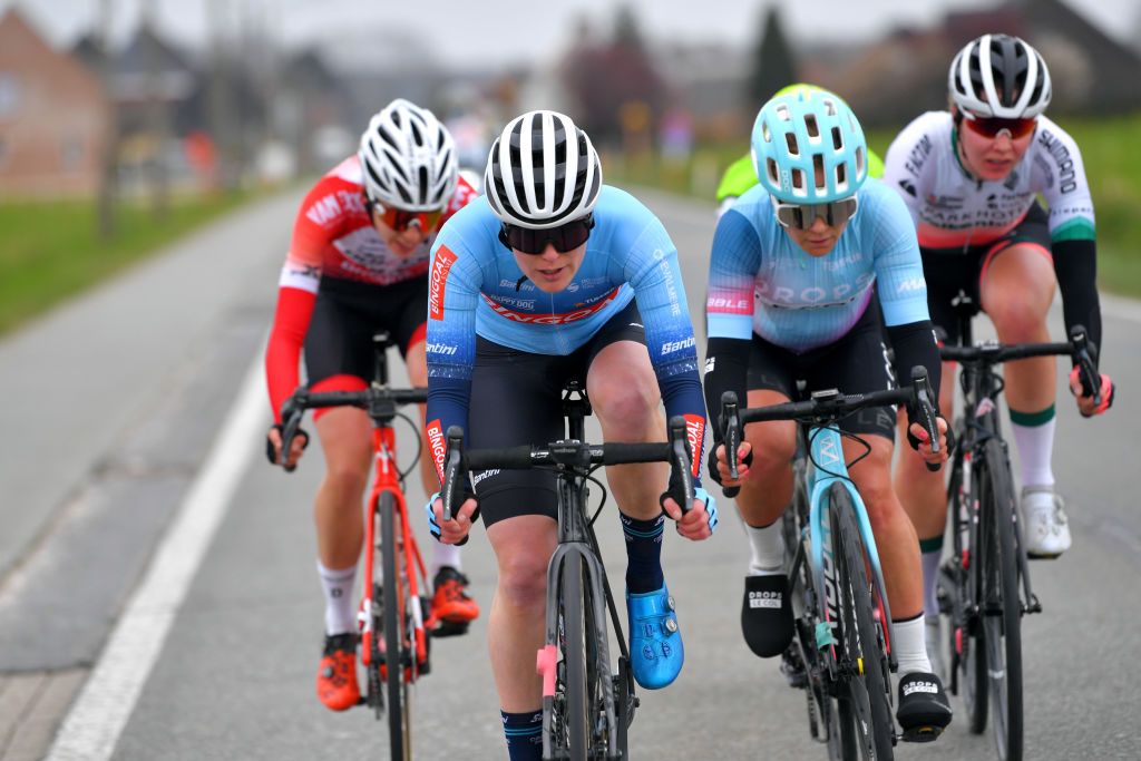OUDENAARDE BELGIUM APRIL 04 Rozanne Slik of Netherlands and Team Bingoal Casino Chevalmeire Emilie Moberg of Norway and Team DropsLe Col Supported By Tempur during the 18th Ronde van Vlaanderen Tour of Flanders 2021 Womens Elite a 1524km race frim Oudenaarde to Oudenaarde Breakaway RVV21 rondevanvlaanderen tourofflanders UCIWWT on April 04 2021 in Oudenaarde Belgium Photo by Luc ClaessenGetty Images