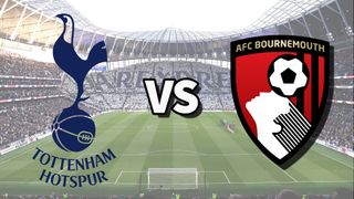 The Tottenham Hotspur and AFC Bournemouth club badges on top of a photo of Tottenham Hotspur Stadium in London, England