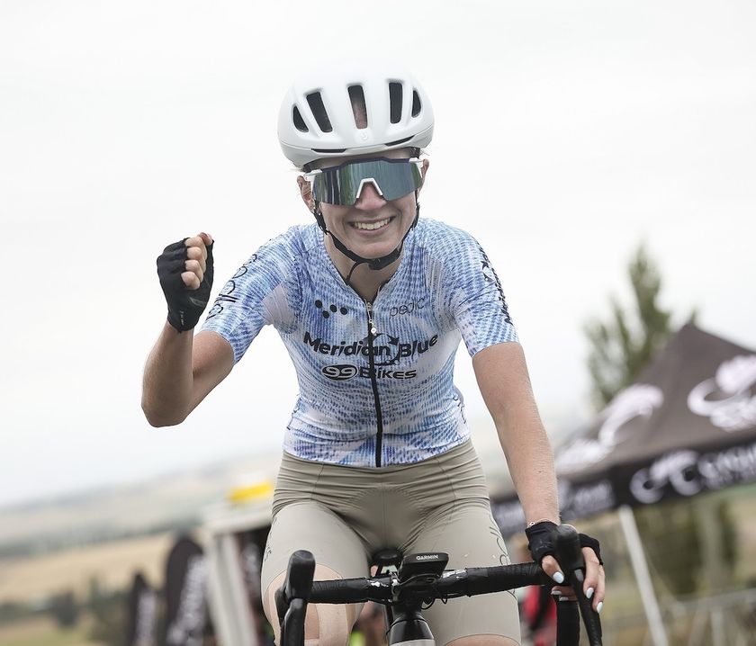 Rhylee Akeroyd (Meridian Blue p/b 99 Bikes) after she claimed the U23 women&#039;s road race title at the Cycling New Zealand Elite Road National Championships 2025