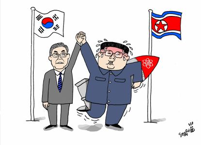 Political cartoon Korea Kim Jong Un Moon Jae In North South nuclear meeting
