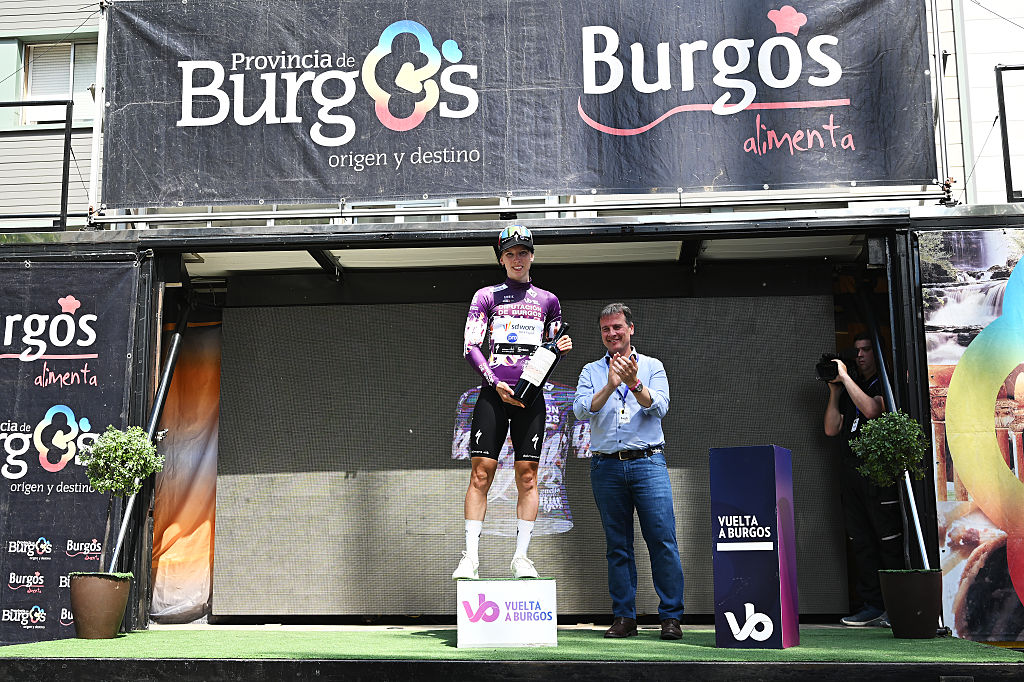 BURGOS, SPAIN - MAY 21: Lorena Wiebes of Netherlands and Team SD Worx - Protime celebrates at podium as Purple Leader Jersey winner during the 11th Vuelta a Burgos Feminas 2026, Stage 1 a 127km stage from Burgos, Catedral de Santa Maria to Burgos, Gamonal / #UCIWWT / on May 21, 2026 in Burgos, Spain. (Photo by Szymon Gruchalski/Getty Images)